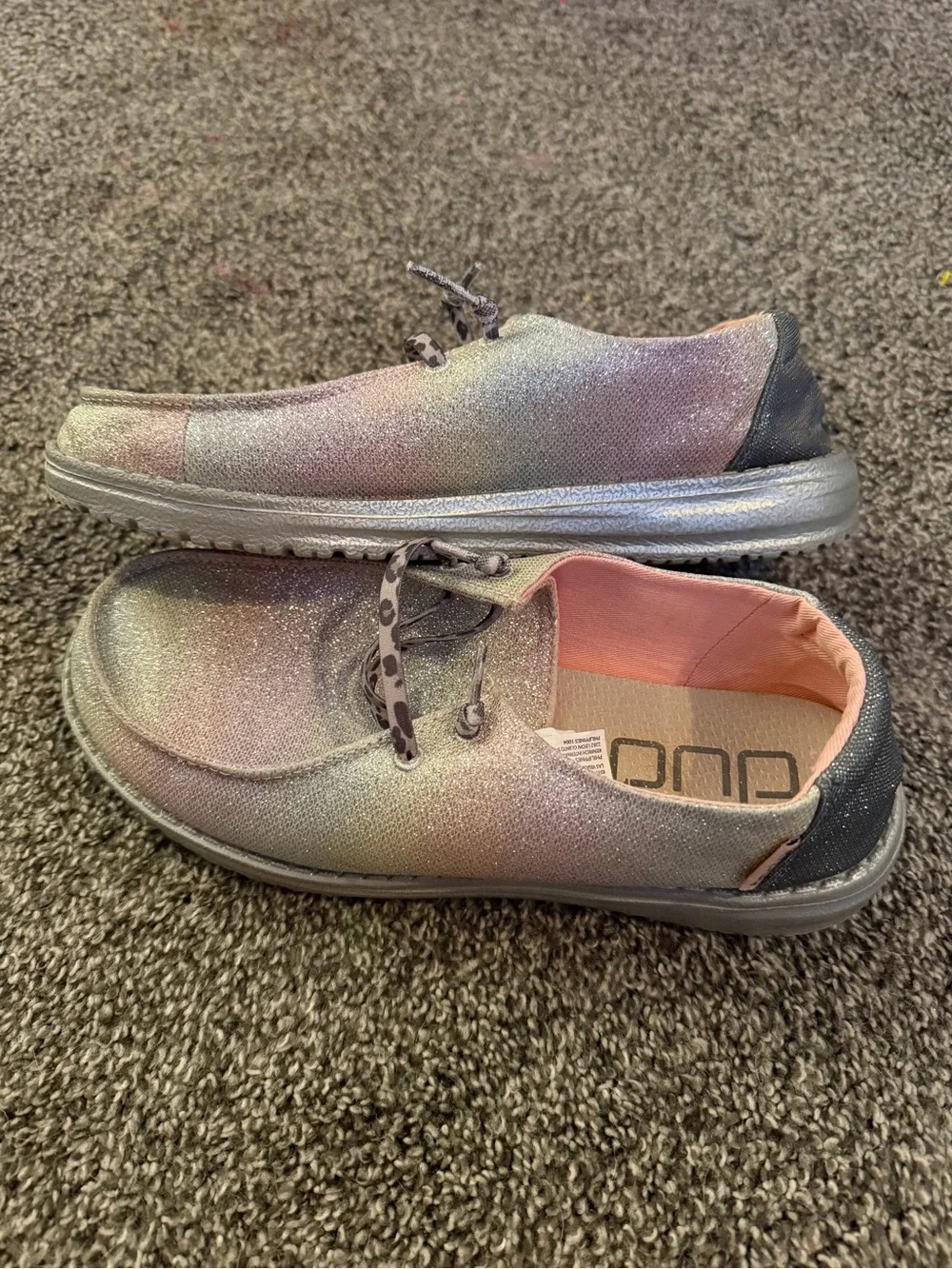 Hey Dude Kids Glitter Slip-On Moccasins in Iridescent Silver-Pink